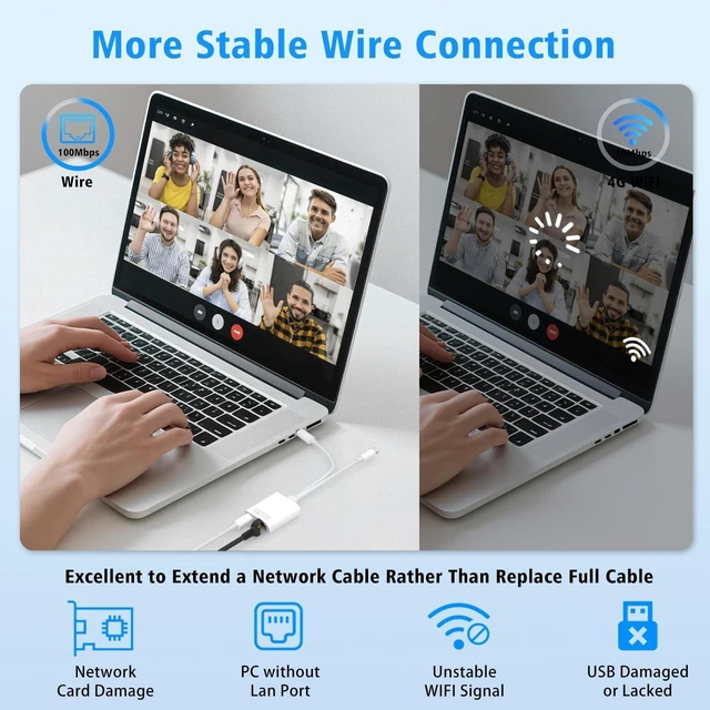 Alt view image 8 of 10 - USB C to Ethernet Adapter,Apple MFi Certified Lightning to 10/100 Gigabit Ethernet Internet Adapter, 2 in 1 RJ45 LAN Network Dongle with PD Charging Prot for iPhone iPad Samsung Android MacBook Laptop