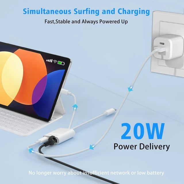 Alt view image 9 of 10 - USB C to Ethernet Adapter,Apple MFi Certified Lightning to 10/100 Gigabit Ethernet Internet Adapter, 2 in 1 RJ45 LAN Network Dongle with PD Charging Prot for iPhone iPad Samsung Android MacBook Laptop