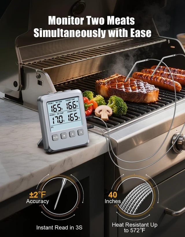 Alt view image 9 of 14 - Dual Probe Meat Thermometer Digital for Cooking, Grilling & Smoking with Large LCD Backlight & Alarm, Kitchen Food Grill Thermometer, Smoker Accessories for BBQ Oven Oil Fry, Gifts for Men Dad