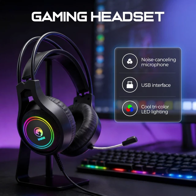 Alt view image 14 of 14 - Gaming Headset with Mic, Wired Headphones Over Ear, USB Headset with Surround Sound, Noise Canceling Gaming Headphones for PC, PS4/PS5
