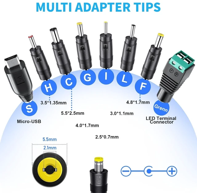 Alt view image 10 of 14 - 12V Power Supply Universal AC DC Adapter Charger with Adjustable Output 5V 9V 3V 6V 4.5V 7.5V 12 Volt 1A 1.5A 2A for LED Strip Light CCTV Camera BT Speaker GPS Webcam Router, 5 FT Cord, 30W
