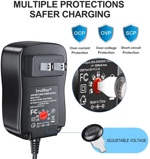 Alt view image 9 of 14 - 12V Power Supply Universal AC DC Adapter Charger with Adjustable Output 5V 9V 3V 6V 4.5V 7.5V 12 Volt 1A 1.5A 2A for LED Strip Light CCTV Camera BT Speaker GPS Webcam Router, 5 FT Cord, 30W