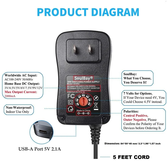 Alt view image 12 of 14 - 12V Power Supply Universal AC DC Adapter Charger with Adjustable Output 5V 9V 3V 6V 4.5V 7.5V 12 Volt 1A 1.5A 2A for LED Strip Light CCTV Camera BT Speaker GPS Webcam Router, 5 FT Cord, 30W