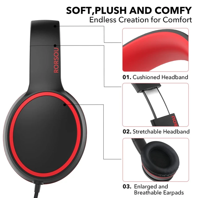 Alt view image 11 of 14 - Over-Ear Headphones with Microphone, Lightweight Folding Stereo Bass Headset with 1.5M No-Tangle Cord, Portable Wired Headphones for Smartphone Tablet Computer MP3 / 4 (Black)