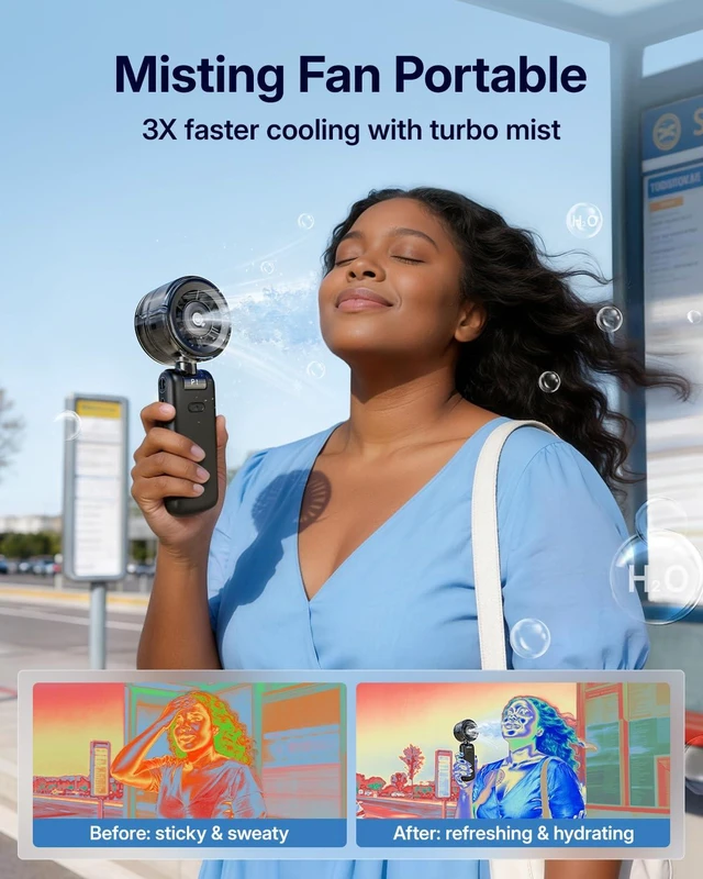 Alt view image 9 of 14 - Misting Fan Portable - Handheld Turbo Fan with Cool Mist Spray, 4000mAh Rechargeable, 5 Speeds, Personal Foldable Water Mister for Summer Travel, Beach & Outdoor Essentials - Black