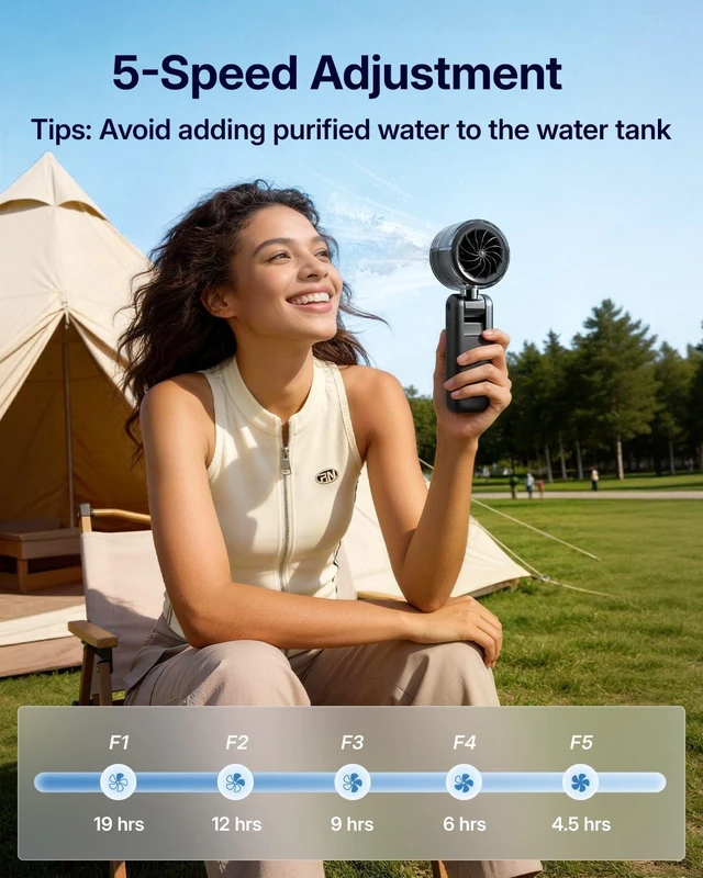 Alt view image 13 of 14 - Misting Fan Portable - Handheld Turbo Fan with Cool Mist Spray, 4000mAh Rechargeable, 5 Speeds, Personal Foldable Water Mister for Summer Travel, Beach & Outdoor Essentials - Black