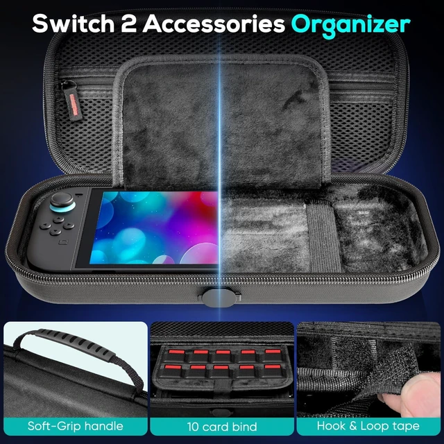 Alt view image 10 of 12 - Switch 2 Carrying for Nintendo Switch 2 Console 2025 /Switch Original/Switch OLED, Slim Travel Carry Case for Switch 2 Accessories with 10 Game Card Storage (Carbon Black, for Switch 2, Carrying Case)