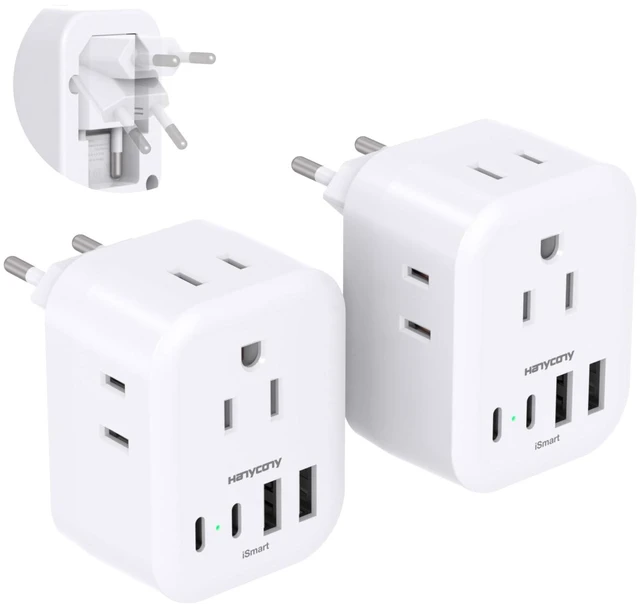Alt view image 8 of 14 - 2 Pack European Travel Plug Adapter, International Power Adapter 4 Outlets 4 USB C Ports (2 USB C), Foldable Type C Adapter for US to Most Europe EU Italy Spain Greece Portugal France Germany