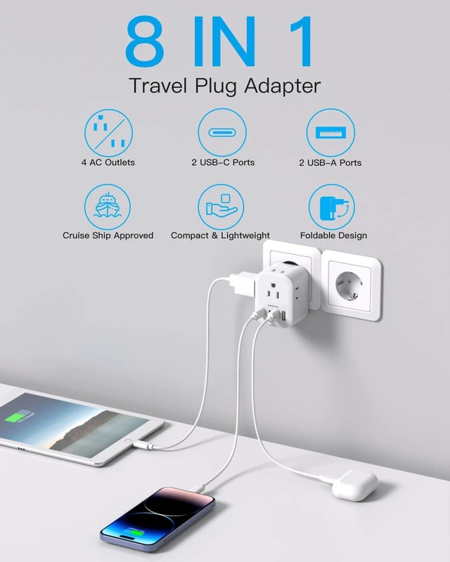 Alt view image 9 of 14 - 2 Pack European Travel Plug Adapter, International Power Adapter 4 Outlets 4 USB C Ports (2 USB C), Foldable Type C Adapter for US to Most Europe EU Italy Spain Greece Portugal France Germany