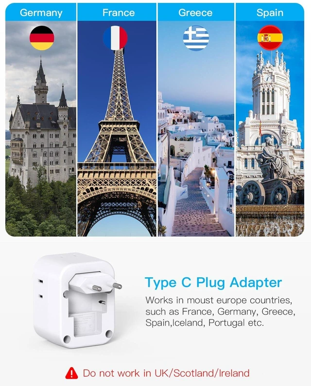 Alt view image 10 of 14 - 2 Pack European Travel Plug Adapter, International Power Adapter 4 Outlets 4 USB C Ports (2 USB C), Foldable Type C Adapter for US to Most Europe EU Italy Spain Greece Portugal France Germany