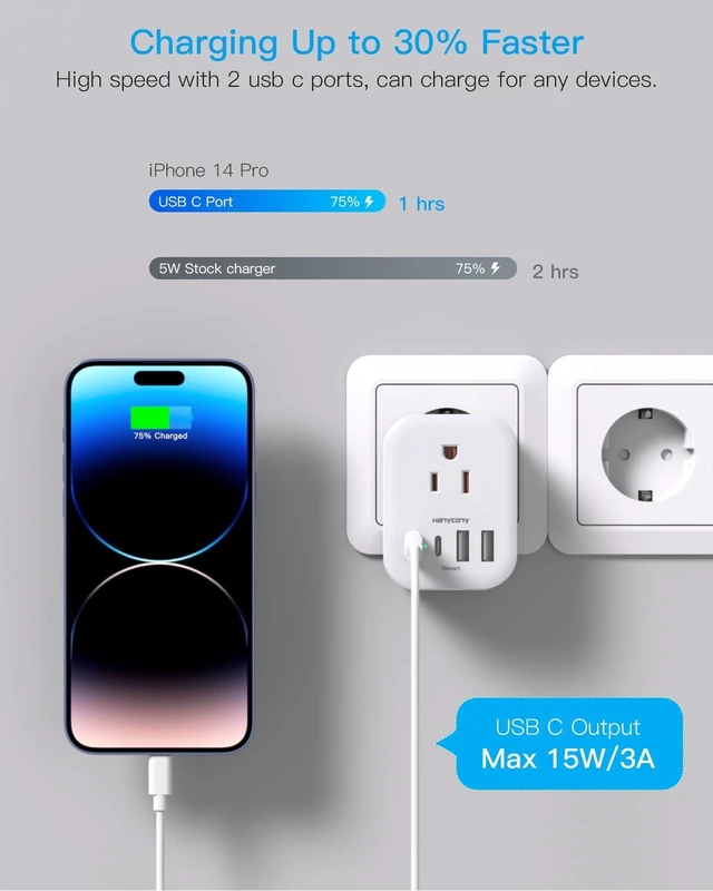 Alt view image 11 of 14 - 2 Pack European Travel Plug Adapter, International Power Adapter 4 Outlets 4 USB C Ports (2 USB C), Foldable Type C Adapter for US to Most Europe EU Italy Spain Greece Portugal France Germany