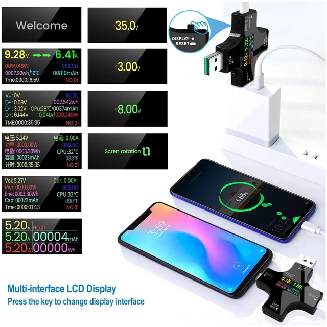 Alt view image 9 of 14 - USB C Tester USB Power Meter 2 in 1 Digital Multimeter 3.6-32V 0-8.0A Voltage and Current Tester, Type C Voltmeter Battery Capacity Volt Ammeter Power Bank USB Cable Charger Detector