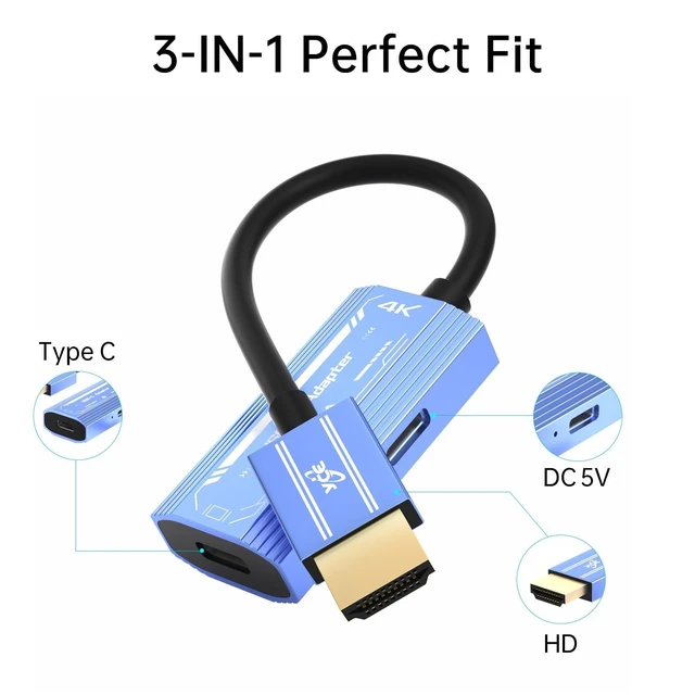 Alt view image 8 of 10 - HDMI to USB C Adapter(4K@60Hz), Compatible with XREAL/Rayneo Air/VITURE/Rokid AR Glasses, Steam Deck, ROG Ally, PS5/4, Switch2/1, Laptop, Portable Monitor - Plug & Play (Blue)