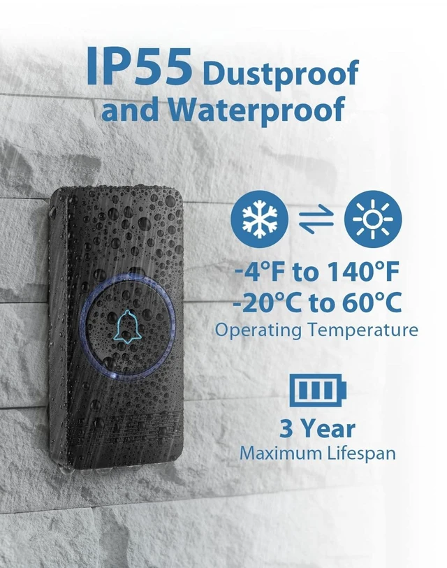 Alt view image 11 of 14 - Wireless Doorbell, Waterproof Door Bell Chime Operating at over 1300 Feet, Classroom Doorbell with 52 Melodies, CD Quality Sound and LED Flash, 1 Button + 2 Plug-in Receivers, D-3B