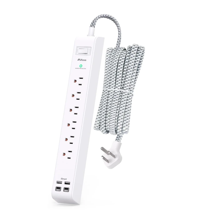 Alt view image 8 of 14 - Surge Protector Power Strip 10 ft with 4 USB Ports 2 USB-C 6 AC Outlets, Flat Plug Extension Cord, USB Charging Station, Wall Mountable for Home, Office, Dorm Essentials, 1080J, ETL Listed