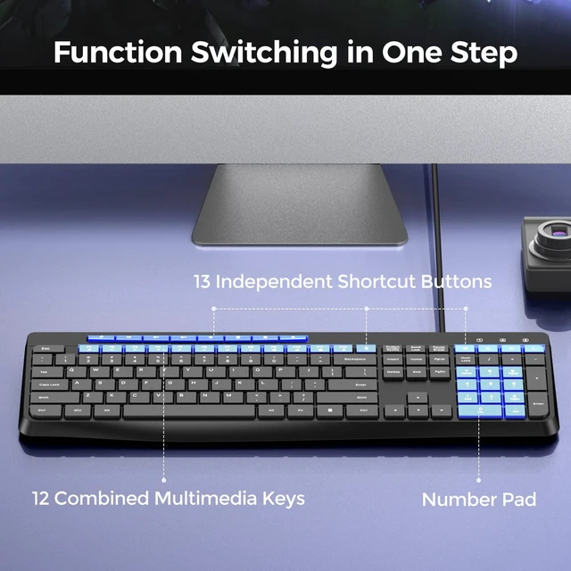 Alt view image 9 of 14 - Wired Keyboard,Quiet Keyboard, Multimedia USB Computer Keyboard, Silent Keyboardwith Low Profile Chiclet Keys,Large Number Pad,Spill-Resistant,Anti-Wear Letters,Full Size for Laptop,Desktop