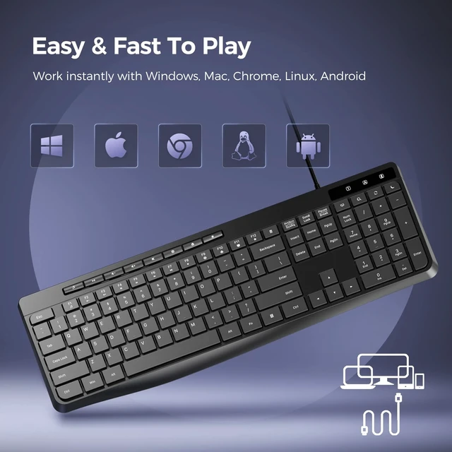 Alt view image 14 of 14 - Wired Keyboard,Quiet Keyboard, Multimedia USB Computer Keyboard, Silent Keyboardwith Low Profile Chiclet Keys,Large Number Pad,Spill-Resistant,Anti-Wear Letters,Full Size for Laptop,Desktop