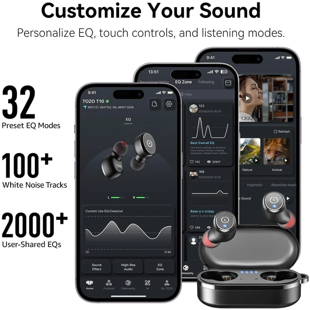 Alt view image 13 of 14 - T10 Wireless Earbuds Bluetooth 5.3 Headphones, App Customize EQ, Ergonomic Design, 55H Playtime, Wireless Charging Case, IPX8 Waterproof Sound in-Ear Headset, New Version