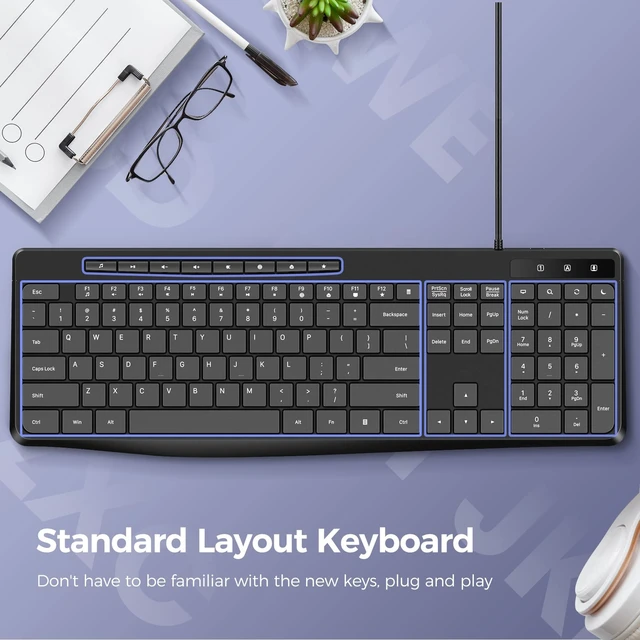 Alt view image 11 of 14 - Wired Keyboard,Quiet Keyboard, Multimedia USB Computer Keyboard, Silent Keyboardwith Low Profile Chiclet Keys,Large Number Pad,Spill-Resistant,Anti-Wear Letters,Full Size for Laptop,Desktop