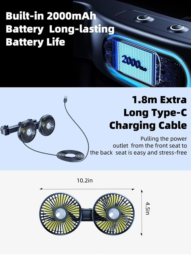 Alt view image 10 of 10 - NIFBANG Dual Head Car Fan for Back Seat,Battery Powered Rechargeable Car Backseat Fans for Kids Baby Dog,360 Rotatable Rear Headrest Cooling Fans,Carseat Cooler Fan that Blow Cold Air for RV SUV