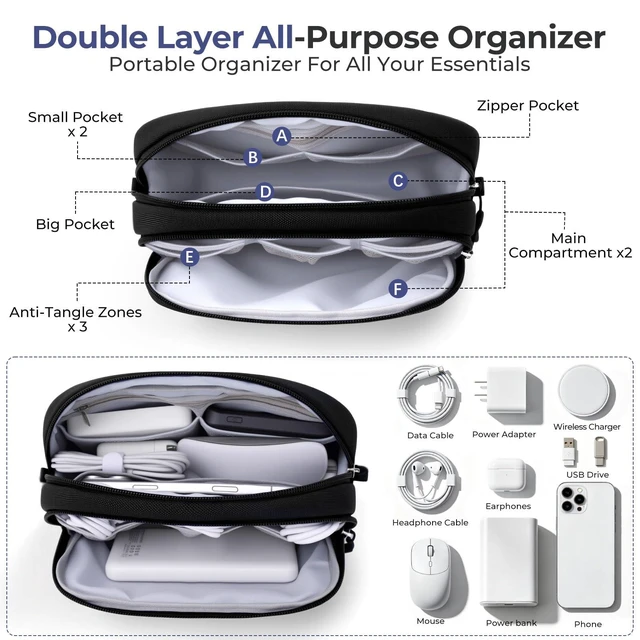 Alt view image 10 of 14 - Electronics Travel Organizer 9 Compartment Dual Layer Tech Pouch Lightweight Water Resistant Travel Cable Organizer Bag for Chargers Cords Phone Power Bank Tech Essentials and Daily Items