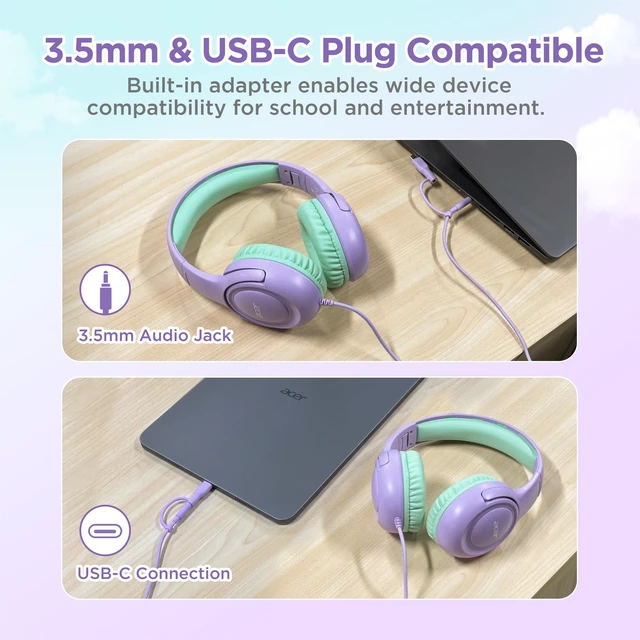 Alt view image 8 of 12 - Kids Headphones for School, USB-C-3.5mm Dongle, w/Mic HK03 Foldable Wired Over Ear Headphones, for Toddler School/Tablet/iPad/PC/Travel, Purple-Green