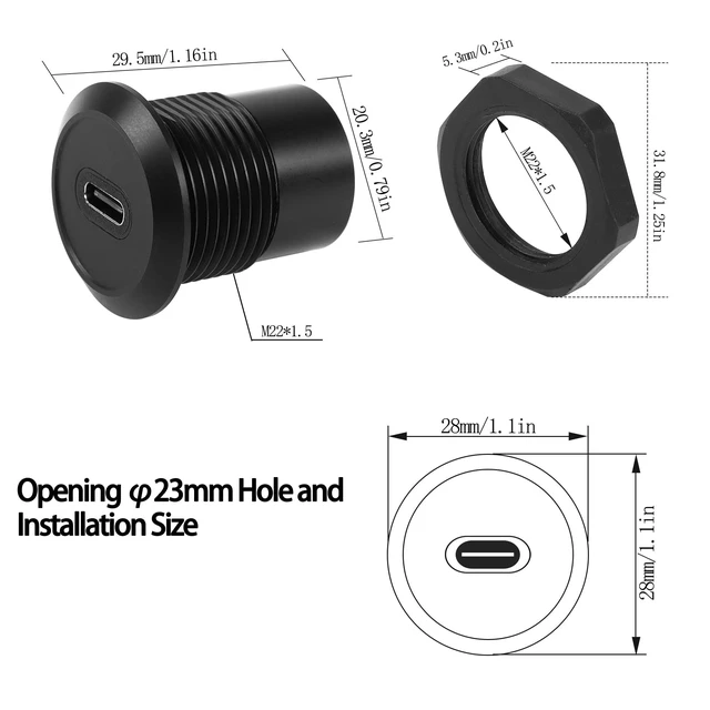 Alt view image 7 of 10 - QIANRENON USB C Panel Threaded Fixed Mount Coupler Converter Adapter USB 3.1 Type C Female to Female Flush Panel Mount Connector 10Gbps 100W for Dashboard or Equipment Panel