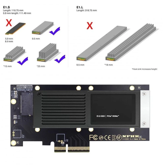 Alt view image 7 of 10 - CY Adapter PCI-E 4.0 4X Host Adapter to NVMe Ruler 1U GEN-Z EDSFF 9.5mm 15mm 25mm Thickness Short SSD E1.S with Heat Sink PM9A3 PM9D3 P5801X Carrier Adapter
