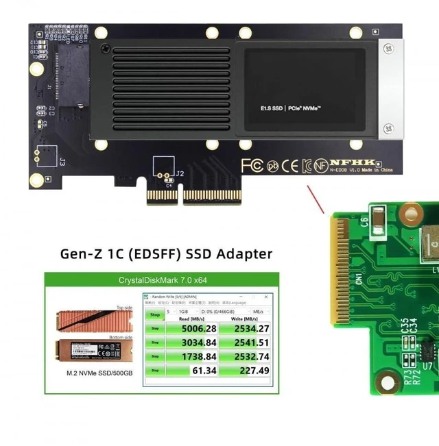 Alt view image 9 of 10 - CY Adapter PCI-E 4.0 4X Host Adapter to NVMe Ruler 1U GEN-Z EDSFF 9.5mm 15mm 25mm Thickness Short SSD E1.S with Heat Sink PM9A3 PM9D3 P5801X Carrier Adapter