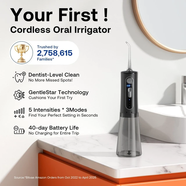 Alt view image 9 of 14 - Water Dental Flosser for Teeth, Cordless Water Teeth Cleaner Picks, 3 Modes 5 Intensities, IPX7 Waterproof, Rechargeable Water Dental Picks for Cleaning - Black