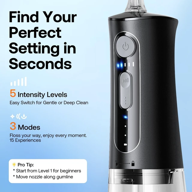 Alt view image 11 of 14 - Water Dental Flosser for Teeth, Cordless Water Teeth Cleaner Picks, 3 Modes 5 Intensities, IPX7 Waterproof, Rechargeable Water Dental Picks for Cleaning - Black