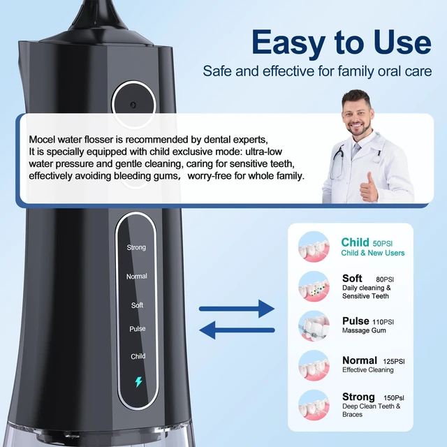 Alt view image 9 of 14 - Water Dental Flosser OLED Display Cordless Teeth Cleaning MOCEL 5 Modes Oral Irrigator 300ML Portable and USB C Rechargeable IPX7 Waterproof Floss Teeth Pick (Black)