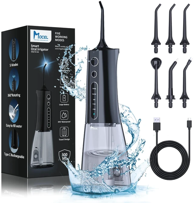 Alt view image 8 of 14 - Water Dental Flosser OLED Display Cordless Teeth Cleaning MOCEL 5 Modes Oral Irrigator 300ML Portable and USB C Rechargeable IPX7 Waterproof Floss Teeth Pick (Black)