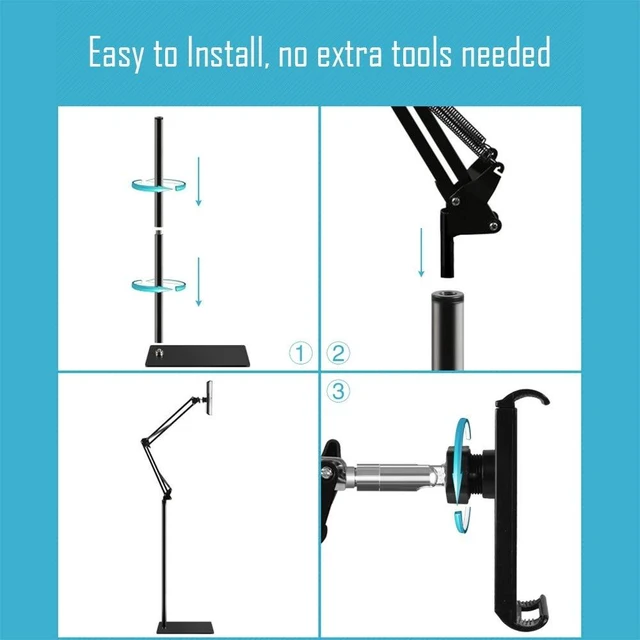 Alt view image 13 of 14 - Tablet Floor Stand with 5LB Metal Base, Overhead Bed Phone Stand Angle Height Adjustable Holder, Universal Floor Stand Compatible with iPhone iPad Pro Air Mini, Samsung Tab, Kindle, E-Readers