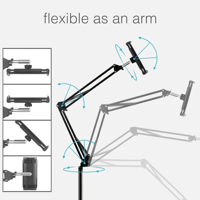 Alt view image 11 of 14 - Tablet Floor Stand with 5LB Metal Base, Overhead Bed Phone Stand Angle Height Adjustable Holder, Universal Floor Stand Compatible with iPhone iPad Pro Air Mini, Samsung Tab, Kindle, E-Readers