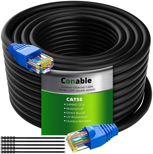 Alt view image 6 of 10 - Cat5e Outdoor Ethernet Cable 100 Feet, Cat 5e Heavy Duty Internet Network LAN Cable, More Flexible Than Cat 6, Waterproof, PVC & LLDPE UV Double Jackets for in Wall, Direct Burial, Router, POE, Indoor