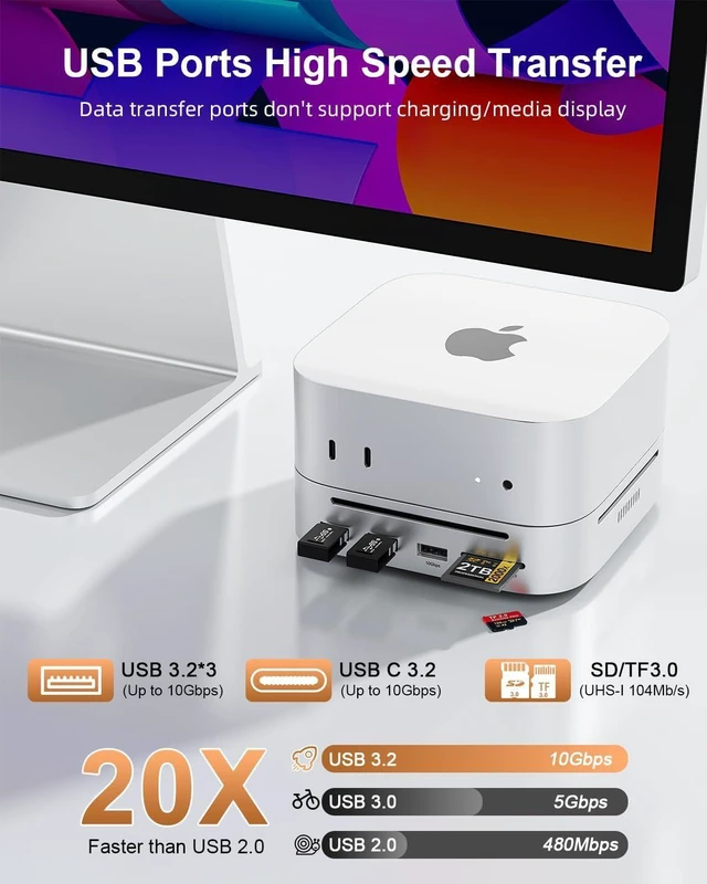 Alt view image 12 of 14 - Mac mini M4 Dock & Stand DisplayPort 8K@120Hz Hub for Mac mini M4/M4 Pro 2024 with 8TB NVMe SSD Enclosure, 10 in 1 with DP, 5*USB-A/C 10Gbps Ports, SD/TF, Audio for Mac mini M4, Mac mini M4 Pro