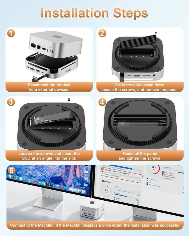 Alt view image 13 of 14 - Mac mini M4 Dock & Stand DisplayPort 8K@120Hz Hub for Mac mini M4/M4 Pro 2024 with 8TB NVMe SSD Enclosure, 10 in 1 with DP, 5*USB-A/C 10Gbps Ports, SD/TF, Audio for Mac mini M4, Mac mini M4 Pro