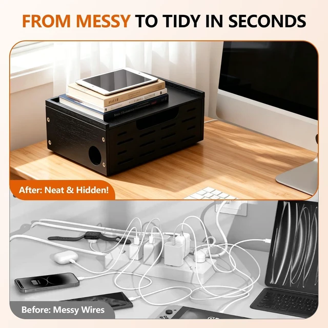 Alt view image 7 of 10 - Black Cable Management Box Large Extension Cable Organizer Box for Power Strips Floor Outlet Hider Durable Bamboo Cord Hider for Home Office Under Desk,Floor TV Wires Computer Router USB Hub Cables