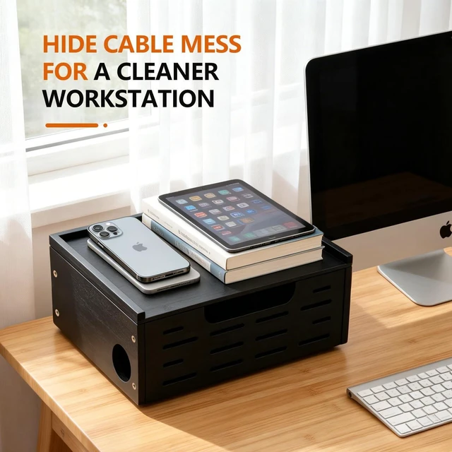 Alt view image 8 of 10 - Black Cable Management Box Large Extension Cable Organizer Box for Power Strips Floor Outlet Hider Durable Bamboo Cord Hider for Home Office Under Desk,Floor TV Wires Computer Router USB Hub Cables