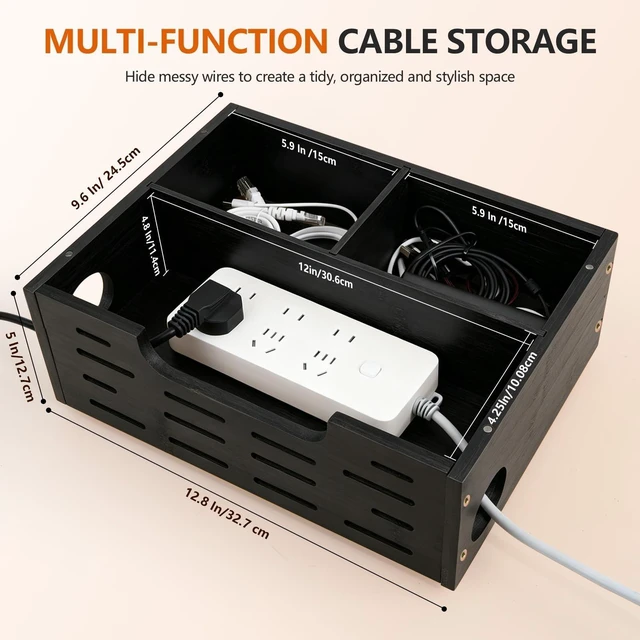 Alt view image 9 of 10 - Black Cable Management Box Large Extension Cable Organizer Box for Power Strips Floor Outlet Hider Durable Bamboo Cord Hider for Home Office Under Desk,Floor TV Wires Computer Router USB Hub Cables