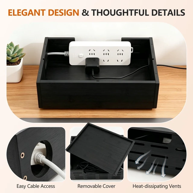 Alt view image 10 of 10 - Black Cable Management Box Large Extension Cable Organizer Box for Power Strips Floor Outlet Hider Durable Bamboo Cord Hider for Home Office Under Desk,Floor TV Wires Computer Router USB Hub Cables