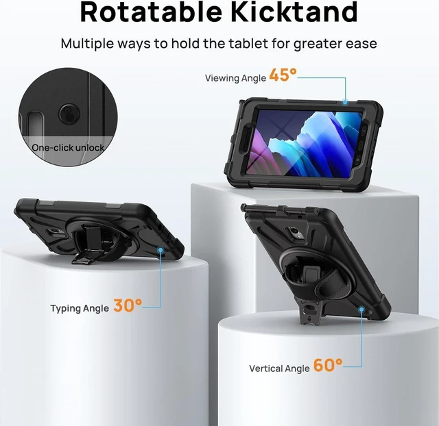 Alt view image 7 of 10 - AOOCSHEY for Samsung Galaxy Tab Active3/Active5 8.0 Case, Full Body Heavy Duty Rugged Shockproof Silicone Drop-Proof Kids Friendly Protective Cover with Rotating Stand Hand Strap Shoulder Strap, Black