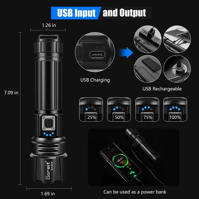 Alt view image 10 of 14 - Super Bright LED Flashlight - 30W Output for 50000 Lumens & 3937ft Beam, USB-C Rechargeable with 12H Runtime, IP67 Waterproof Powerful Handheld Linternas for Home, Camping, Hiking, Emergency