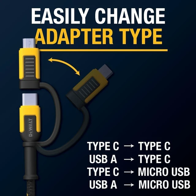 Alt view image 6 of 8 - DEWALT Heavy Duty 4-in-1 Cable, Type C/MicroUSB/USB Cables for iPhone 17/16/15 iPad, USBC All in One Charging Cable, HTC, LG, Samsung Galaxy, Android, iPad Pro, Micro-to-C Charger Cables (6ft, Black)