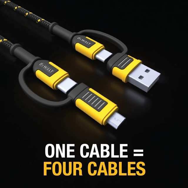 Alt view image 7 of 8 - DEWALT Heavy Duty 4-in-1 Cable, Type C/MicroUSB/USB Cables for iPhone 17/16/15 iPad, USBC All in One Charging Cable, HTC, LG, Samsung Galaxy, Android, iPad Pro, Micro-to-C Charger Cables (6ft, Black)