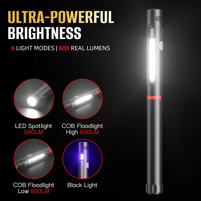 Alt view image 10 of 14 - Pen Light Flashlight, 800 Lumens LED Pen Flashlights Rechargeable 6 Modes COB Magnetic Flashlight with Clip Bright Pocket Flashlights Work Light Portable Waterproof Durable Penlight (1, 7.08in)