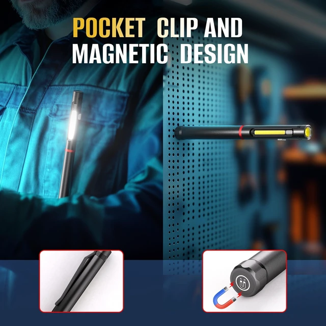 Alt view image 11 of 14 - Pen Light Flashlight, 800 Lumens LED Pen Flashlights Rechargeable 6 Modes COB Magnetic Flashlight with Clip Bright Pocket Flashlights Work Light Portable Waterproof Durable Penlight (1, 7.08in)