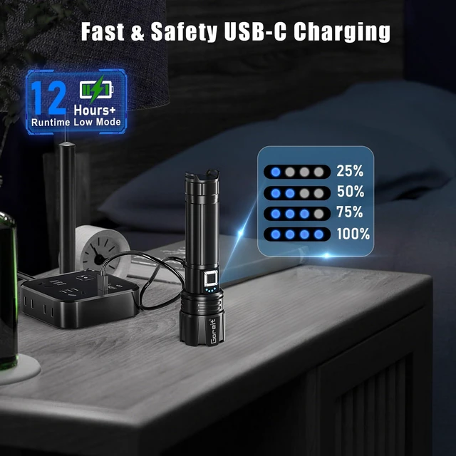 Alt view image 13 of 14 - Super Bright LED Flashlight - 30W Output for 50000 Lumens & 3937ft Beam, USB-C Rechargeable with 12H Runtime, IP67 Waterproof Powerful Handheld Linternas for Home, Camping, Hiking, Emergency