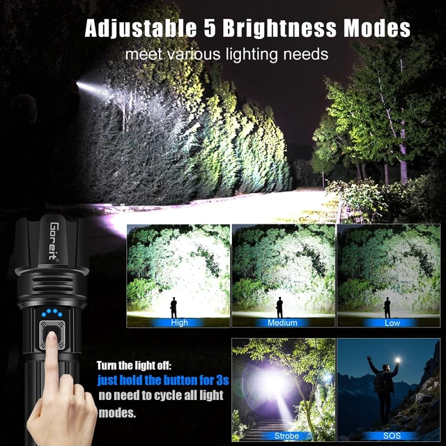 Alt view image 11 of 14 - Super Bright LED Flashlight - 30W Output for 50000 Lumens & 3937ft Beam, USB-C Rechargeable with 12H Runtime, IP67 Waterproof Powerful Handheld Linternas for Home, Camping, Hiking, Emergency